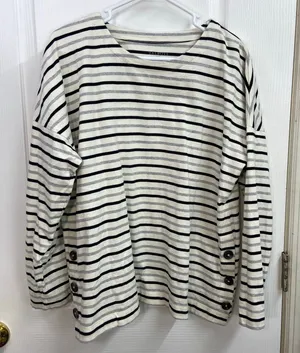 Talbots cream striped button hem long sleeve Crewcut casual tshirt‎ XL cotton thumbnail 1