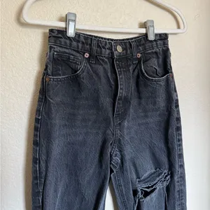 ZARA Cuffed Hem‎ Folded Over High Rise Wide Leg Jeans Sz 4 Black Distressed thumbnail 3