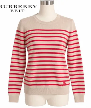 Burberry Brit 100% Cashmere Striped Sweater Red Beige Equestrian Logo M thumbnail 1