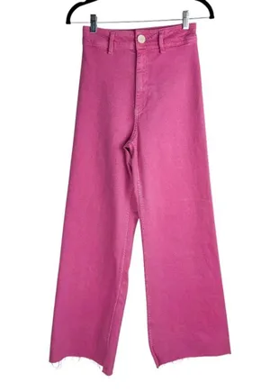 Zara Marine Straight Bright Pink Jeans Sz 2 High Rise Flare Raw Hem thumbnail 4