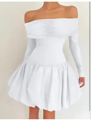 NEW White Off Shoulder Mini Bubble Dress Long Sleeve Drop Waist M thumbnail 6