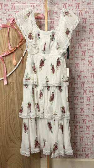 Lulus Thriving Romance White Floral Print Tiered Midi Dress $92 XS Coquette Chic thumbnail 1
