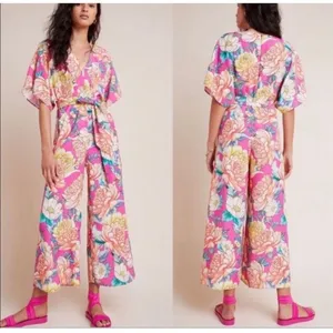 Farm Rio Anthropologie Eulalie pink floral Wide-Leg Jumpsuit size XS thumbnail 2