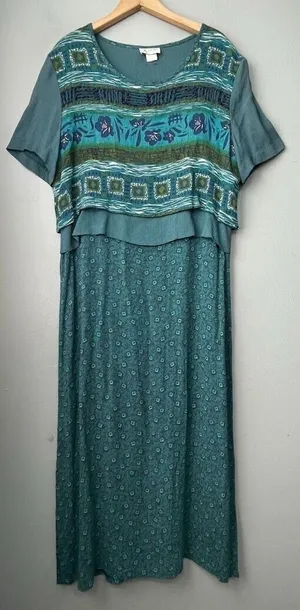 K Studio Dress Size 14 Blue Green Maxi Modest Artsy Cottage Country Lagenlook thumbnail 1