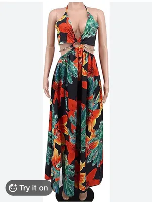 Women's Floral Print Chain Decor Split Thigh Tie Back Cami Dress thumbnail 4