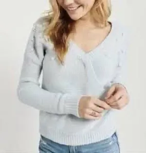 Abercrombie & Fitch Women’s Powder Blue V-Neck Faux Wrap Sweater Size Medium thumbnail 1