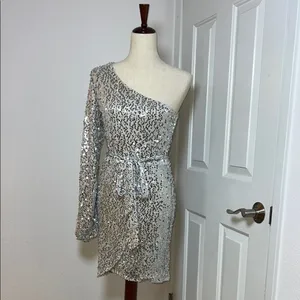 Bebe Silver Asymmetrical Sequin Bodycon‎ Dress thumbnail 2