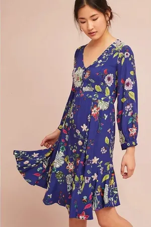 Maeve by Anthropologie Women's XS Blue Floral Long Sleeve Knee Length Dress‎ thumbnail 1