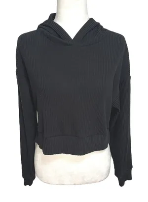 Alo Yoga Muse Hoodie Black Ribbed Knit Cropped‎ Athleisure Pullover Sporty M thumbnail 1