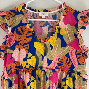 Umgee Tropical Leaf Flutter Sleeve Babydoll Mini Dress C3776 Blue‎ Pink Mens M thumbnail 12