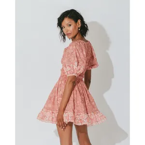 NEW Cleobella Mina Mini Dress Camala Floral Large Pink Smocked Organic Cotton‎ thumbnail 6