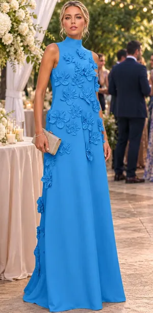 A Line High Neck Sleeveless Floor Length Stretch Crepe Dress With 3D Flowers thumbnail 1