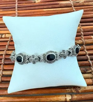 Vintage Marcasite Sterling Silver Floral Bracelet with Black Stones 7” thumbnail 1