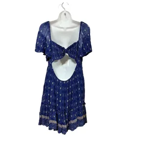 Maeve Anthropologie Blue Block Print Open Back Ruffle Mini Dress Large thumbnail 4