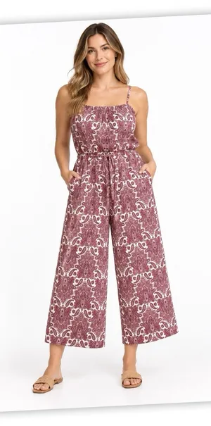 Maurices Womens M Paisley Wide Leg Cropped Jumpsuit Burgundy Boho thumbnail 1