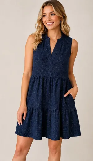 Amanda Uprichard Navy Blue Metallic Tweed Tiered Mini Dress‎ XS Split V-Neck thumbnail 1