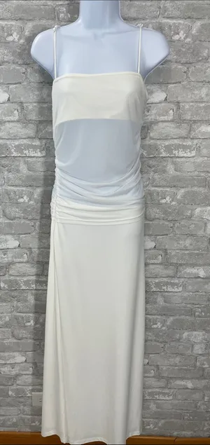 White Spaghetti-Strap Maxi Dress with Ruched Waist thumbnail 1