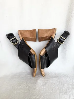 Born Black Leather Crisscross Slingback Block Heels with Tan Wood-Look Heel thumbnail 6