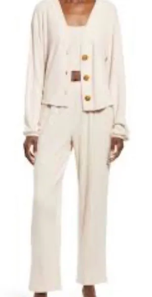 Open Edit Soft Cream Women's Pajama 3 Piece Set with Button Cardigan Sz S thumbnail 1