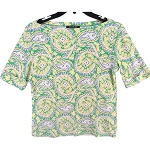 Lauren Ralph Lauren Top Womens M Green Yellow Cotton‎ Paisley Preppy Old Money thumbnail 2