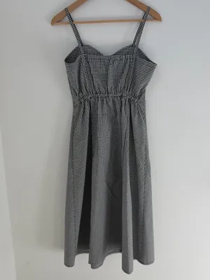 Japanese Gingham Bow Front Midi Dress Black White Size M thumbnail 8