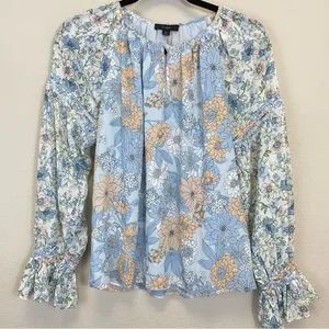 J. Crew Blue Floral Chiffon Long Sleeve‎ Blouse Size M thumbnail 2