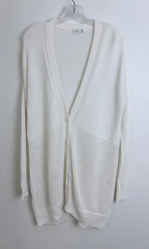 Vince White Mixed Knit Pointelle Cardigan Cotton Blend Drop Sleeve M Minimalist thumbnail 1