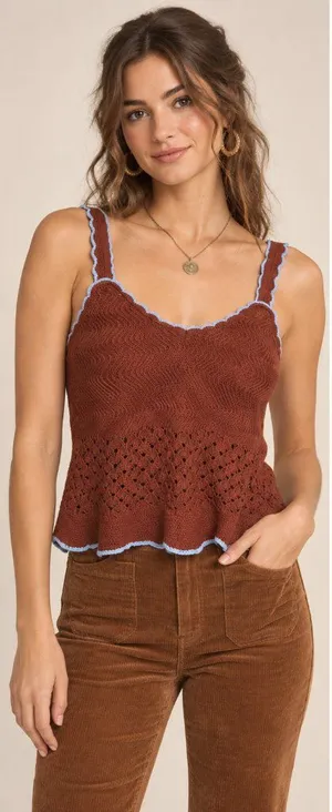 A New Day Crochet Knit Tank Top Brown Blue Trim Camisole XL NWOT thumbnail 1