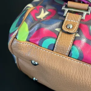 Lily Bloom Multicolor Satchel Handbag‎ Geometric Floral Coated Canvas Brown Trim thumbnail 11