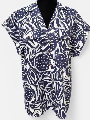 Vintage Abstract Print Button Shirt Blue White Made in USA Artsy Size Large thumbnail 2