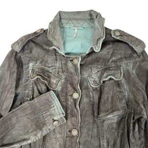 Free People Military Jacket Womens XS‎ Gray Blue Double Cloth Utility Coat thumbnail 1