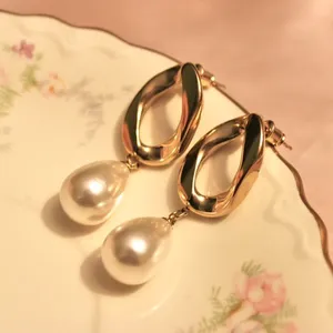 18k gold plated simulated pearl dangle earrings thumbnail 1