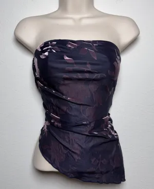 Lulus Womens Tube Top XS Navy Purple Burnout Velvet Floral Asymmetric Strapless thumbnail 1