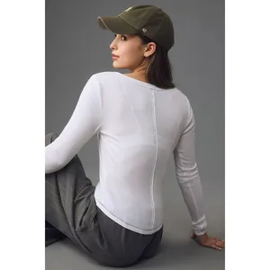 Anthropologie The Andie Scoop-Neck Ribbed Henley Top Long-Sleeve Snap Edition M thumbnail 2