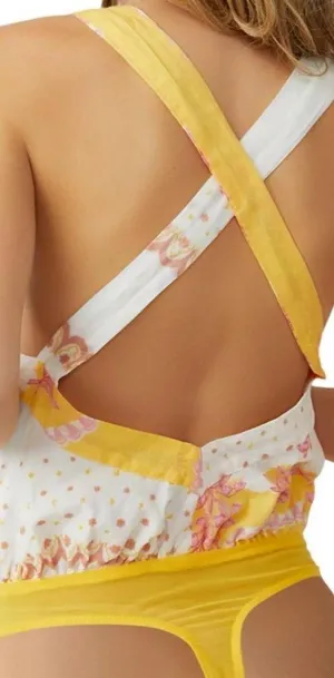 Free People Sweet Thing Bodysuit Pink and Yellow Floral Sleeveless Size L thumbnail 2