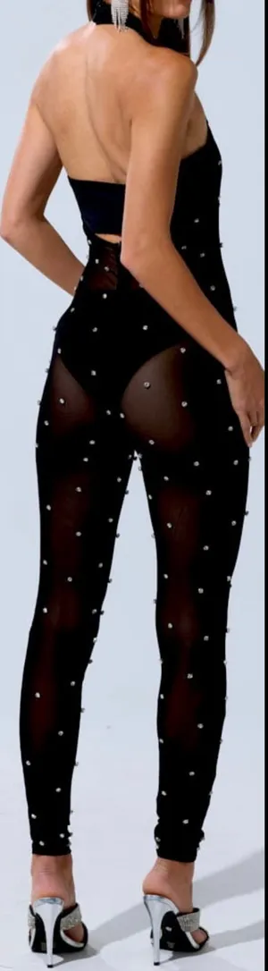 Akira NWT black sexy Alex mock neckline backless Rhinestone Mesh Jumpsuit XL thumbnail 4