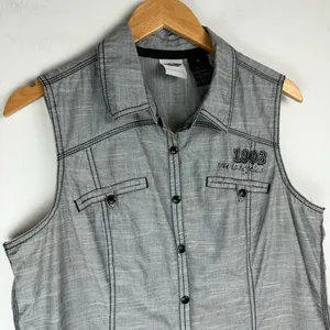 Harley Davidson Y2K Button Down Shirt Vest Sz XL Grey Graphic Back thumbnail 5
