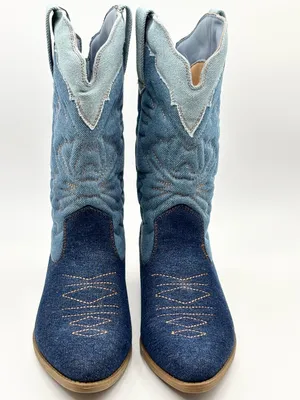 C. Est 1946 Denim Two-Tone Cowboy Heeled Boots Blue Wide Calf Size 7 thumbnail 2