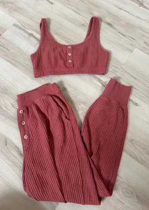 Old Navy Ribbed Button-Front Crop Top & Joggers Set - Rose thumbnail 1