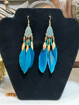 Blue feather earrings with gold accents thumbnail 3