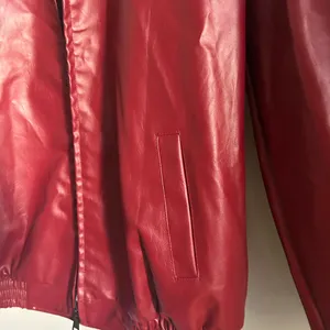 Classic Red Vegan Leather Front Zip Oversized Bomber Style Jacket thumbnail 7