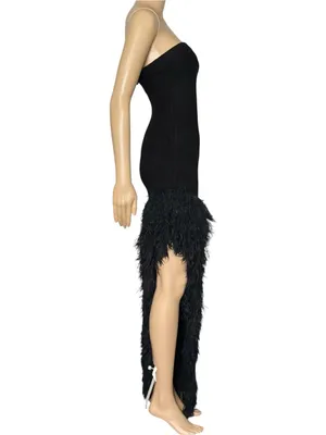 NBD Aubrey Asymmetrical Faux Fur Trim Strapless Dress, Black, XS thumbnail 6