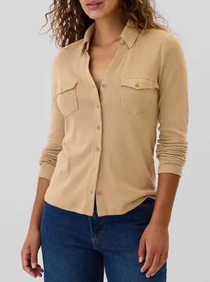 Gap Super Soft Modal Blend Modern Button Front Utility‎ Shirt Long Sleeve Tan thumbnail 1