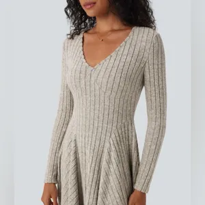 HALARA Ribbed Knit V Neck Long Sleeve Flare Mini Casual Dress NWT Size Small thumbnail 4