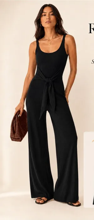 Reformation‎ Black Ribbed Wide-Leg Jumpsuit with Tie Waist thumbnail 1