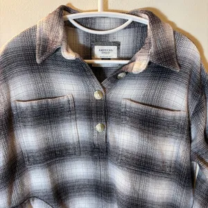 American Eagle Plaid Flannel Shirt Oversized‎ Fit Black White Grey Size Small thumbnail 2