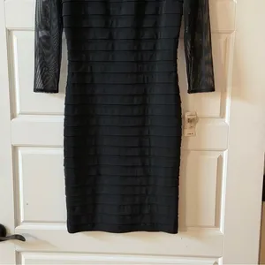 Tadashi Shoji Black Sheer Mesh Bodycon Midi Dress XS Illusion Sleeve Cocktail NWT thumbnail 4