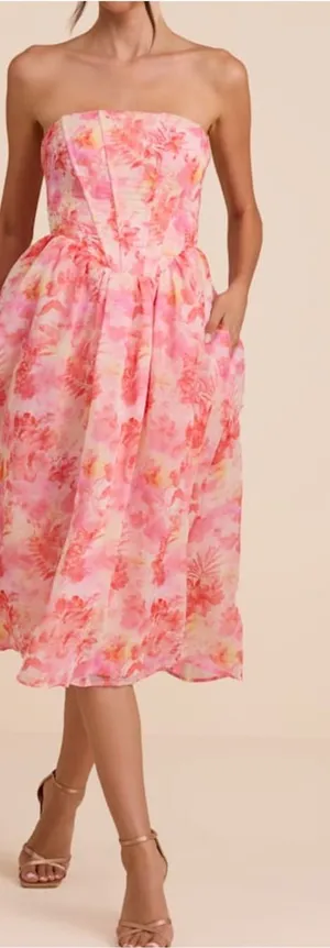 Lulus Eulalia Pink Floral Lace-Up Strapless Bustier Midi Dress thumbnail 1