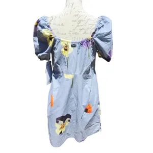 Obey NWT Redux Dress Opal Multi Floral Pansy Blue Cotton Mini Puff Sleeve Size M thumbnail 8
