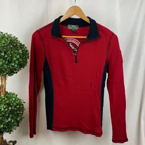 Ralph Lauren Red & Black Ribbed Zip Neck Long Sleeve Logo Patch Top L thumbnail 2